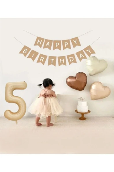 Laviyosa Bej Rakam Folyo Balon Retro Kalp Folyo Balon Seti Kraft Gold Altın Happy Birthday Yazı Banner - 3