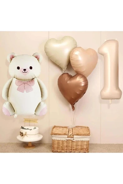 Laviyosa PAPYONLU SEVİMLİ OTURAN AYI RETRO KALP FOLYOLU KREM YAŞ BALONLU DOĞUM GÜNÜ PARTİ SETİ SÜSÜ - Resim 3
