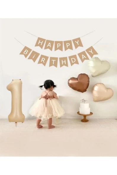 Laviyosa Bej Rakam Folyo Balon Retro Kalp Folyo Balon Seti Kraft Gold Altın Happy Birthday Yazı Banner