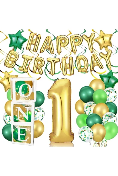 Bkmc Küçük Yaş Yeşil Gold Doğum Günü Konsepti One Kutulu Erkek ve Kızlar İçin Doğum Günü süsü Parti Seti