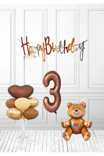 BKMC PARTY Kahve Happy Kalioğrafili Kahve Yaşlı Ayıcıklı Retro Renk Doğum Günü Balon Set Süsü - 3