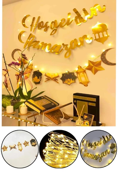 Bkmc 3 parça Ledli Hoşgeldin Ramazan Banner, Dekoratif Uzar Süs Ay Yıldız Kuran Mahya Cami Temalı Set