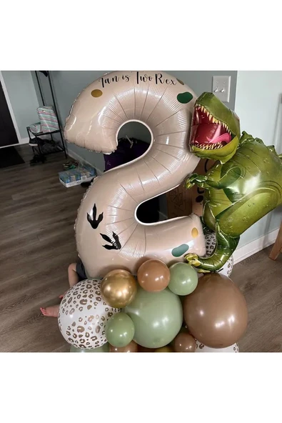 Laviyosa Büyük T-Rex Dinozor Balonlu Krem Yaş Folyo Balonlu Doğum Günü Parti Seti Süsü - Resim 3