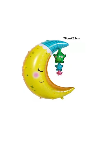 Bkmc Sevimli Ay ve Sarkan Yıldızlar Folyo Balon 78*53 Cm Büyük Boy & Helyuma Uyumlu Parti Balonu