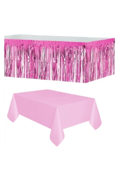 Dipak Pembe Metalize Masa Eteği 90×350 Cm Tek Kullanımlık Plastik Pembe Masa Örtüsü 120×180 Cm