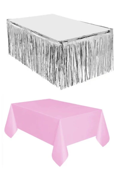 Bkmc ümüş Metalize Masa Eteği Plastik Pembe Masa Örtüsü - 2