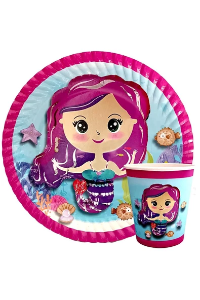 booddie Deniz Kızı Baskılı Tabak Bardak Set 8'li