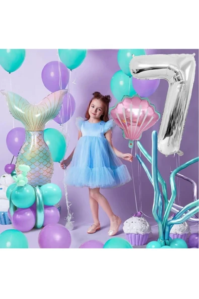 Bkmc Deniz Kızı Kuyruğu Deniz Kabuğu Gümüş Rakam Balon Doğum Günü Parti Seti Süsü - 2