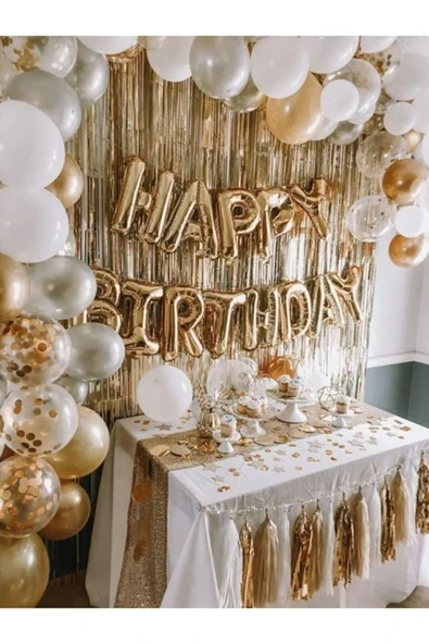 Bkmc Rosegold Happy Bırthday Full Set Gold Beyaz Gri Metalik Balon Zincir Gold Arka Fon