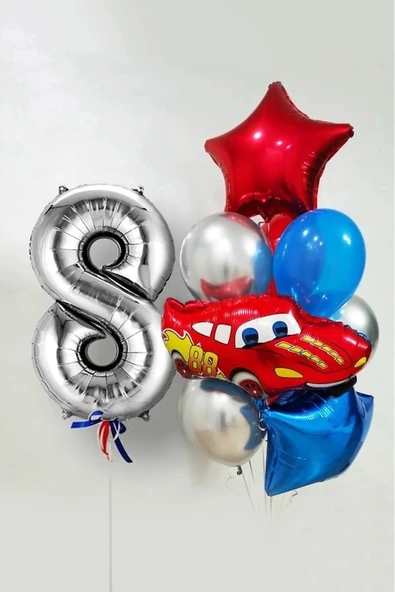 Laviyosa Yaş Folyolu Şimşek Araba Temalı Balon Seti 76cm Gümüş Rakam Balonlu Yıldızlı Set
