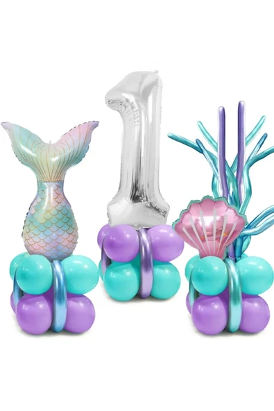 Bkmc Deniz Kızı Kuyruğu Deniz Kabuğu Gümüş Rakam Balon Doğum Günü Parti Seti Süsü ürün görseli