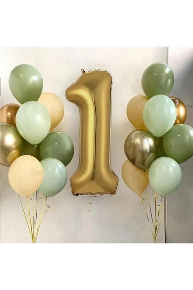 Bkmc 1 Yaş Gold Balon Ve 16 Balon (4küfyeşil 4mintyeşil 4somon 2gold 2gümüş)