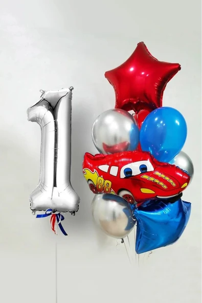 Laviyosa Yaş Folyolu Şimşek Araba Temalı Balon Seti 76cm Gümüş Rakam Balonlu Yıldızlı Set