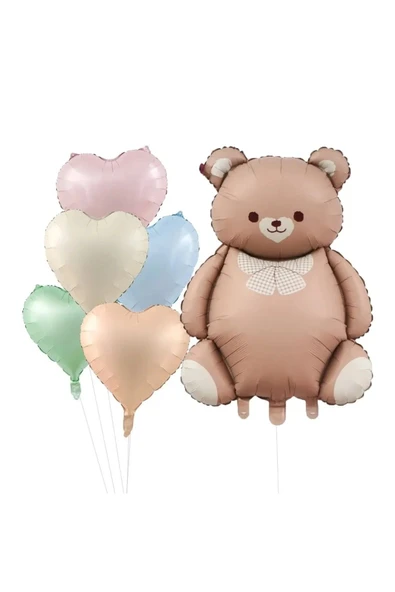 Laviyosa Retro Karamel Papyonlu Sevimli Ayı Folyo Balon 5 Renk Kalp Folyo Balonlu Doğum Günü Parti Seti Süsü