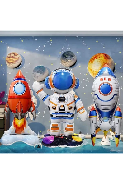 Laviyosa 3 Adet Uzay Roket, Astronot, Uzay Gemisi Ayakta Şişme Balon Doğum Günü Süsü Gezegen Parti Dekorasyon