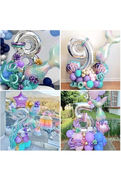 Bkmc Deniz Kızı Kuyruğu Deniz Kabuğu Gümüş Rakam Balon Doğum Günü Parti Seti Süsü - Resim 4