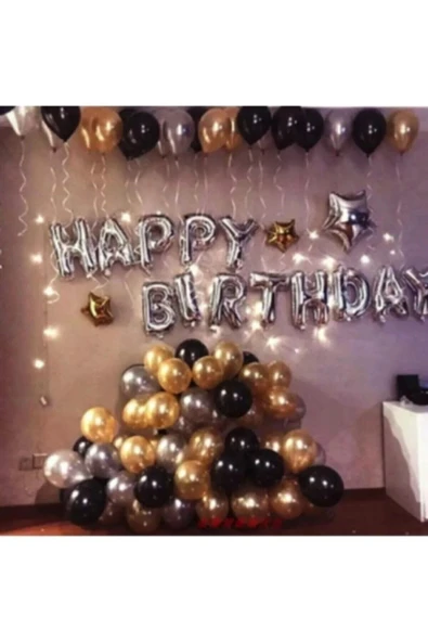 Bkmc Happy Birthday Doğum Günü Balonu Kombini Gümüş Gold ürün görseli