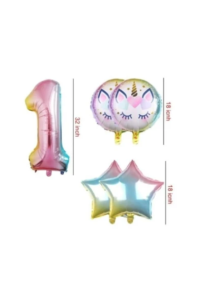 Bkmc Lüks Yaş Unicorn Gökkuşağı Folyo Balon Set 5 Li - Resim 2