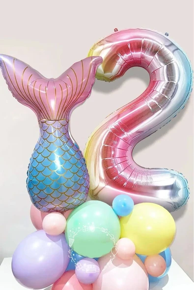 Bkmc 2 Yaş Rakam Balonlu Deniz Kızı Kuyruğu Karşılama Seti Doğum Günü Parti Seti Süsü - 2