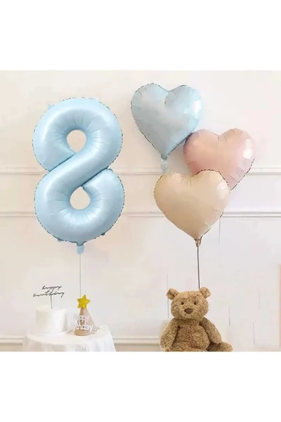 Bkmc 8 Yaş Mavi Rakam Folyo Balon Retro Mavi Pembe Satin Kalp Folyo Balon Doğum Günü Balon Seti - 2