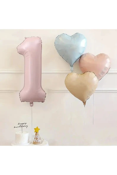 Bkmc 1 Yaş Pembe Rakam Folyo Balon Retro Mavi Pembe Satin Kalp Folyo Balon Doğum Günü Balon Seti