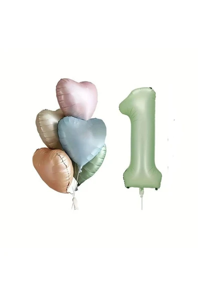 Bkmc Retro Kalp Folyo Balon Buketi Seti 1 Yaş Su Yeşili Rakam Folyo Balon Doğum Günü Balon Seti