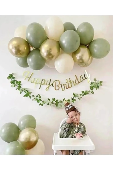 Laviyosa Küf Yeşili Metalik Gold Balon Gold Happy Bırthday Kaligrafi Banner Küçük Zincir Set