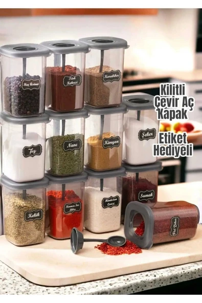 Bkmc Etiketli 12'li 450ml  Kendinden Kaşıklı Kilitlenebilir Kapaklı Baharatlık Seti - 4
