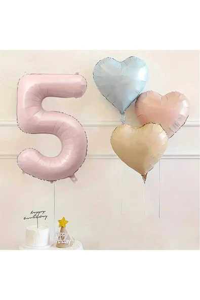 Bkmc 5 Yaş Pembe Rakam Folyo Balon Retro Mavi Pembe Satin Kalp Folyo Balon Doğum Günü Balon Seti