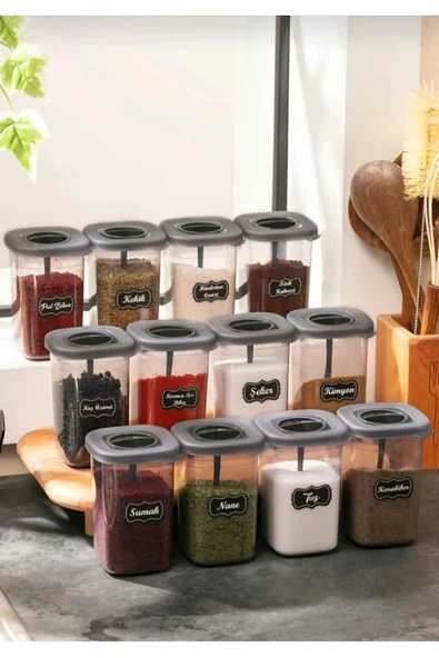 Bkmc Etiketli 12'li 450ml  Kendinden Kaşıklı Kilitlenebilir Kapaklı Baharatlık Seti - 2