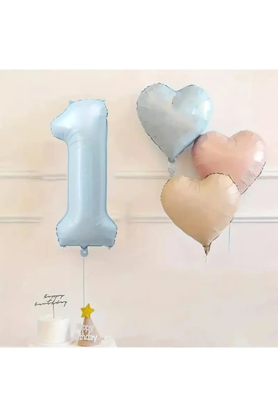 Bkmc 1 Yaş Mavi Rakam Folyo Balon Retro Mavi Pembe Satin Kalp Folyo Balon Doğum Günü Balon Seti - Resim 2