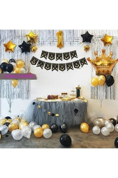 Bkmc Kral Taçlı Lüks 1 Yaş Rakam Gold Folyo Balon Iyi Ki Doğdun Doğum Günü Seti ürün görseli