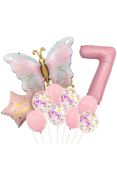 Bkmc PEMBE YAŞ RAKAMLI RETRO KELEBEKLİ PEMBE RETRO YILDIZ FOLYO BALONLU DOĞUM GÜNÜ PARTİ SETİ SÜSÜ - 5