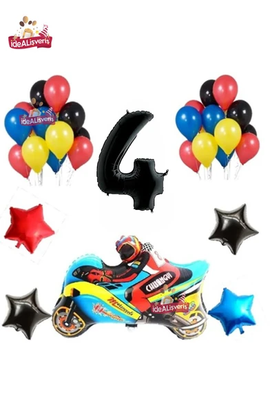 Bkmc Yarış Motorlu Siyah 4 Yaş Folyolu Renkli Doğum Günü Parti Seti ürün görseli 1