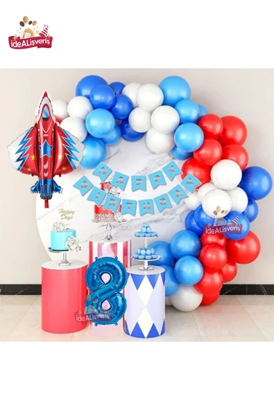 Bkmc Jet Uçak Mavi 8 Yaş Folyolu Kırmızı Beyaz Mavi Balon Zincir Doğum Günü Seti