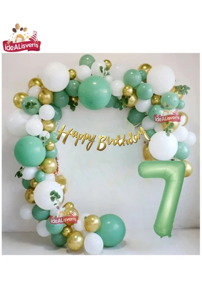 Bkmc Mat Yeşil 7 Yaş Folyo Balon Happy Birthday Kaliğrafi Yeşil Gold Beyaz Doğum Günü Parti Seti ürün görseli