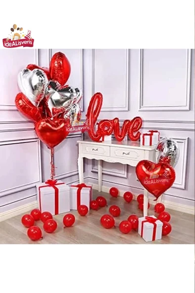Bkmc Sevgililer Günü Kalp Folyolu Gümüş Kırmızı Set ürün görseli