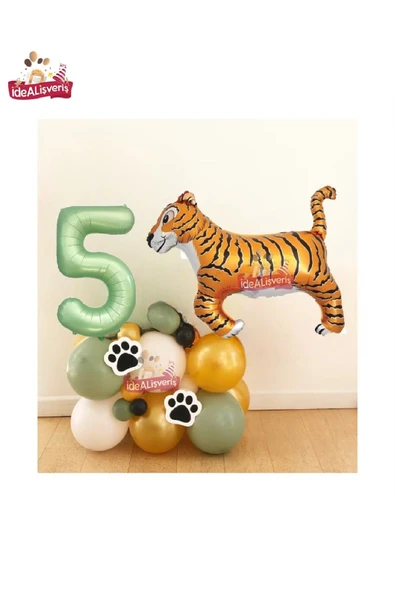Bkmc Büyük Kaplan Balon 5 Yaş Yeşil Folyo Balonu Safari Balon  Kaplan Doğum Günu Parti Seti Süsü ürün görseli