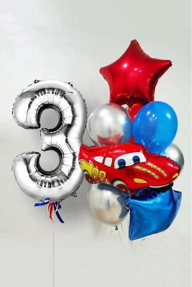 BKMC PARTY 3 Yaş Şimşek Araba Temalı Balon Seti 76cm Gümüş Rakam Balonlu Yıldızlı Set - Resim 3