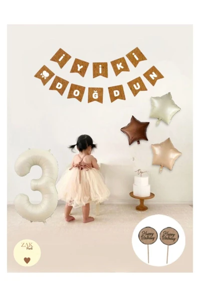 Bkmc Krem Rakam Folyo Balon Retro Yıldız Folyo Balon Seti Kraft İyiki Doğdun Yazı Banner - Resim 3