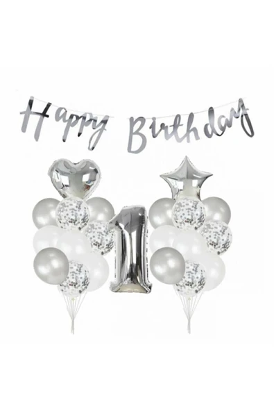 Bkmc 1 Yaş Metalik Gümüş Kaligrafi Happy Bırthday Yazılı Gümüş Konfetili Balon Seti