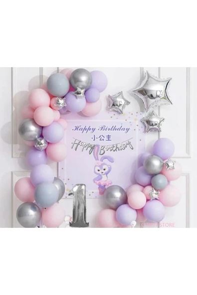 Bkmc Gümüş  Lila Yaş Folyolu Lüks Balon Zincir Doğum Günü Parti Seti Süsü