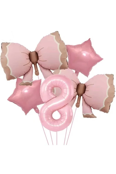 Bkmc 8 YAŞ PEMBE RENKLİ RETRO PEMBE FİYONKLU BALONLU DOĞUM GÜNÜ PARTİ SETİ SÜSÜ ürün görseli 1