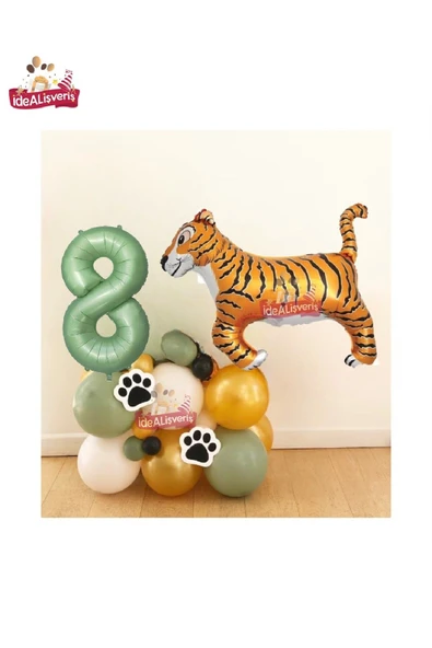 Bkmc Büyük Kaplan Balon 8 Yaş Yeşil Folyo Balonu Safari Balon  Kaplan Doğum Günu Parti Seti Süsü ürün görseli 1