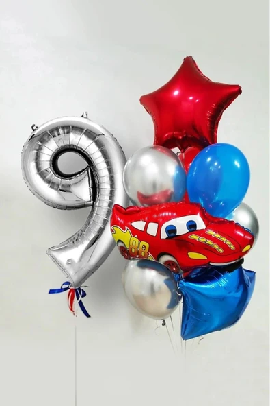 BKMC PARTY 9 Yaş Şimşek Araba Temalı Balon Seti 76cm Gümüş Rakam Balonlu Yıldızlı Set ürün görseli