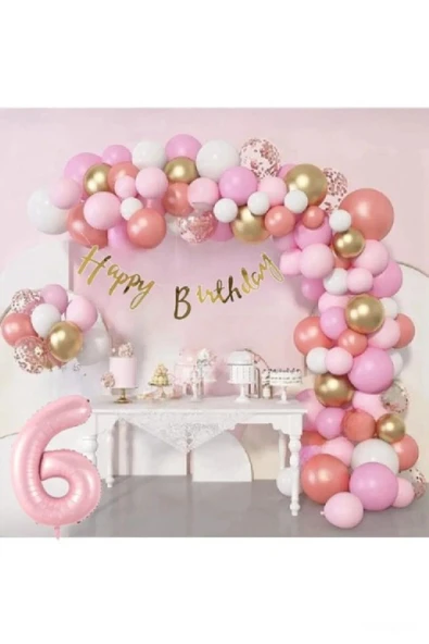 Bkmc 6 Yaş Lüks Pembe Rose Gold Pembe Folyo Balon Doğum Günü Parti Seti Süsü