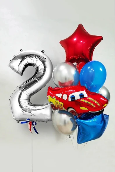 BKMC PARTY 2 Yaş Şimşek Araba Temalı Balon Seti 76cm Gümüş Rakam Balonlu Yıldızlı Set
