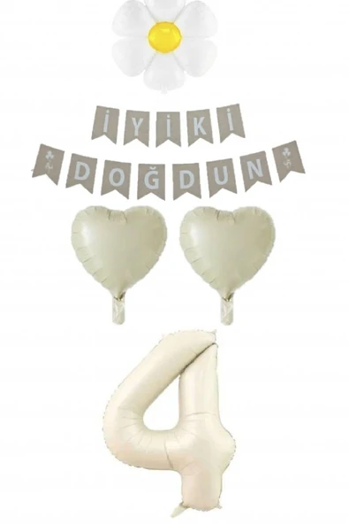 Bkmc 4 Yaş Krem Rakam Balonlu Papatyalı Kalp Folyo Balon Doğum Günü Seti Süsü - Resim 2