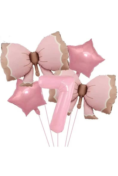 Bkmc 7 YAŞ PEMBE RENKLİ RETRO PEMBE FİYONKLU BALONLU DOĞUM GÜNÜ PARTİ SETİ SÜSÜ ürün görseli