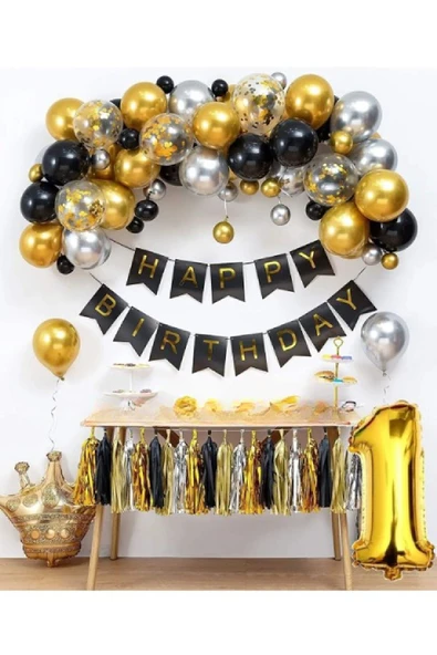 Bkmc Gold 36 cm Yaş Lüks Kral Taçlı Doğum Günü Parti Seti Süsü - Resim 2